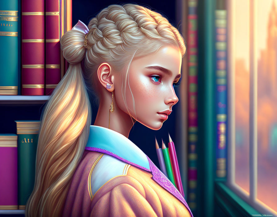 Digital illustration of young woman with braided blonde hair and blue eyes among books and pencils.