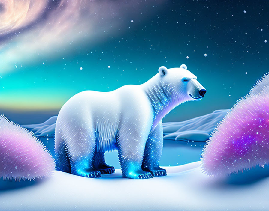 Polar bear in snowy landscape with colorful aurora and purple foliage