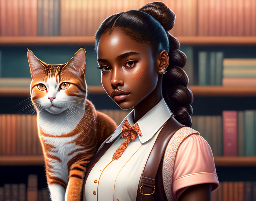 Young woman with braided hair and cat in front of bookshelf illustration