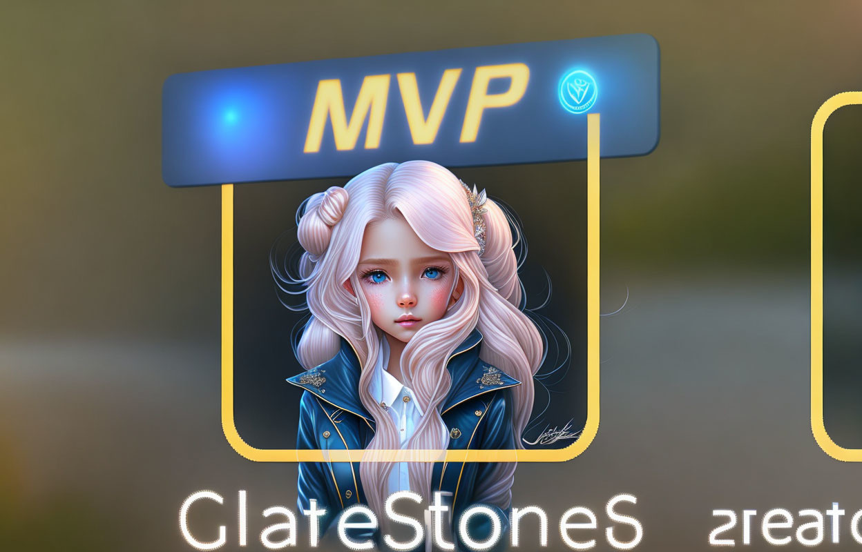 Illustrated avatar of pale-skinned girl with blonde hair and blue MVP headset overlay.