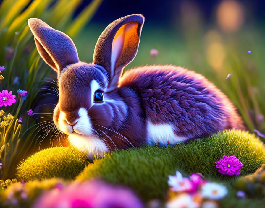 Fluffy Rabbit in Vibrant Green Grass with Wildflowers