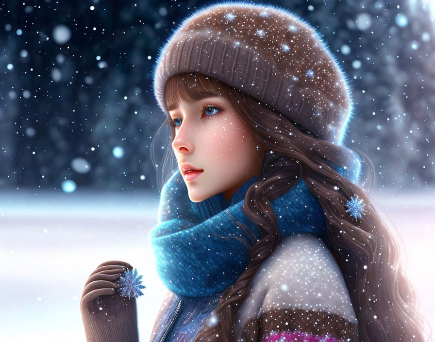 Winter-themed digital illustration of girl with long hair in hat and scarf.