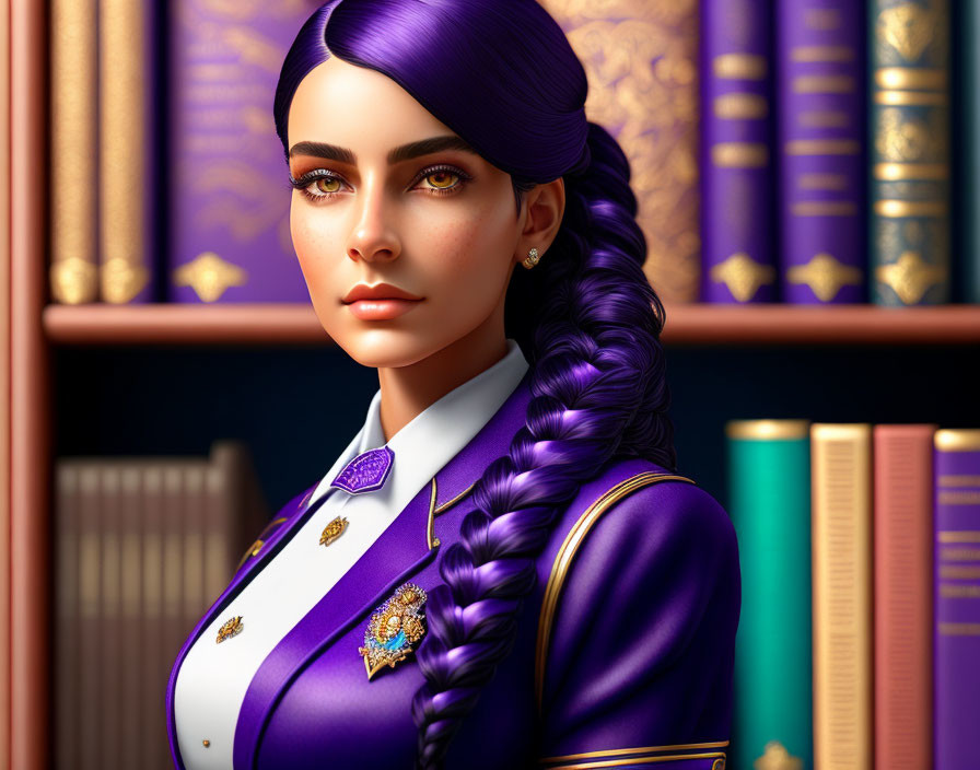 Animated woman with braid in purple attire and green eyes surrounded by books