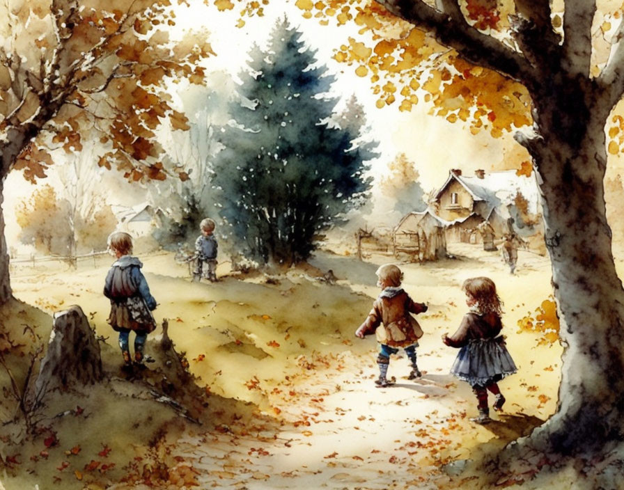 Three children walking towards a cottage in misty autumn landscape.