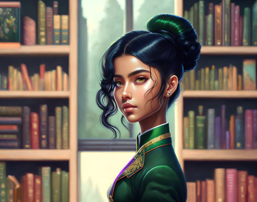 Green-eyed woman in elegant bun and outfit, with bookshelves.