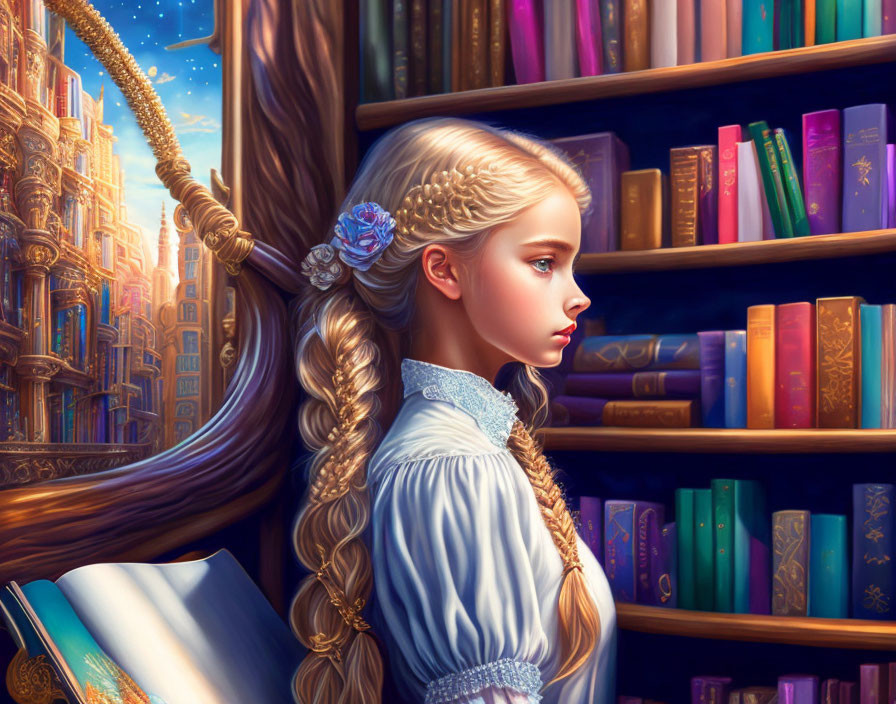 Young girl with long braided hair in blue dress by bookshelf with fantasy cityscape view