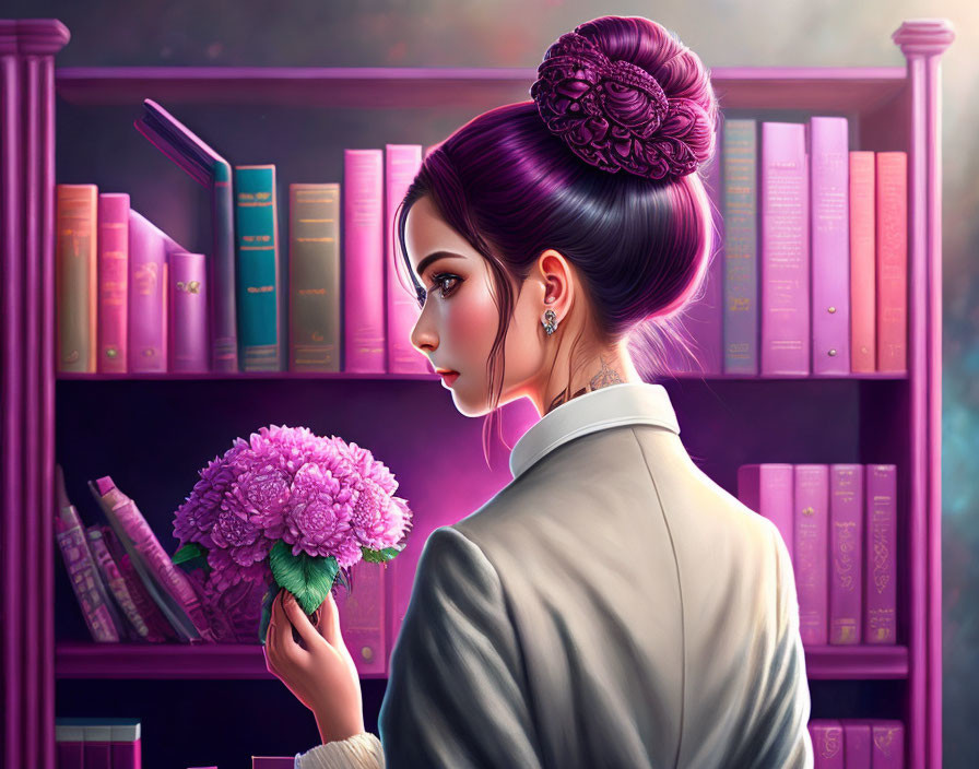 Purple-haired woman with bouquet in dreamy bookshelf setting