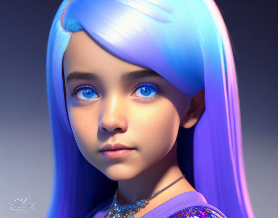 Vivid 3D-rendered girl with bright blue hair and eyes in blue dress