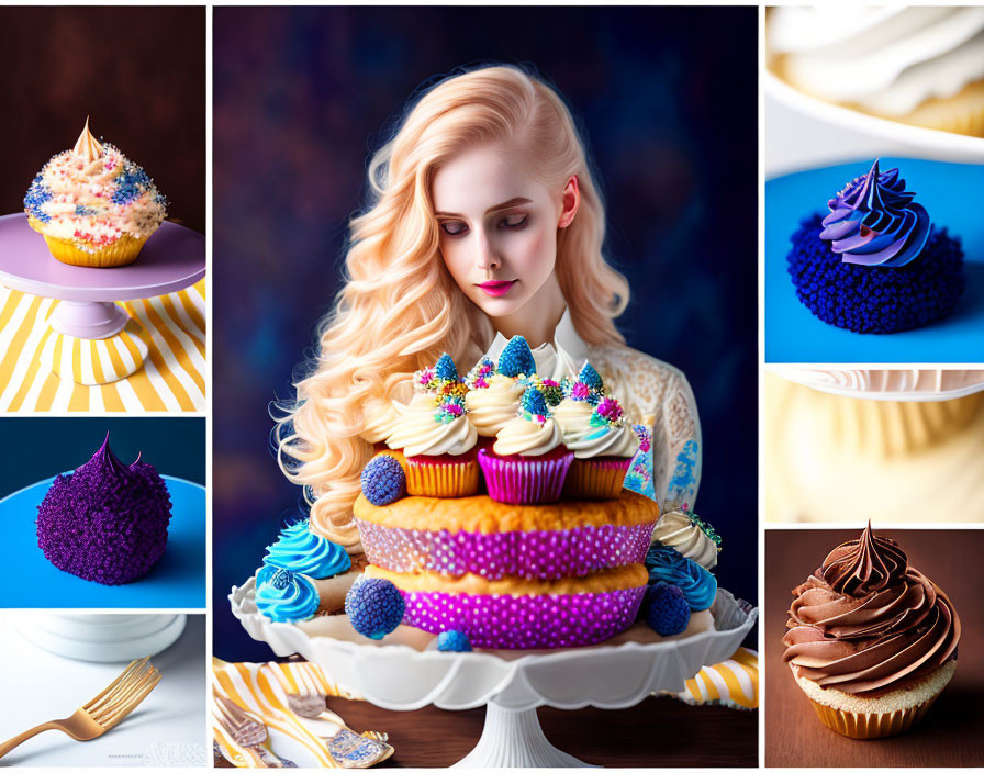 Blonde woman admiring colorful cupcakes and decorated treats collage