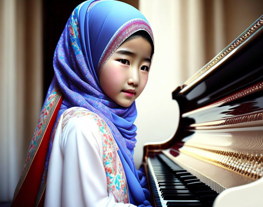 Young girl in colorful hijab gazes at piano reflection