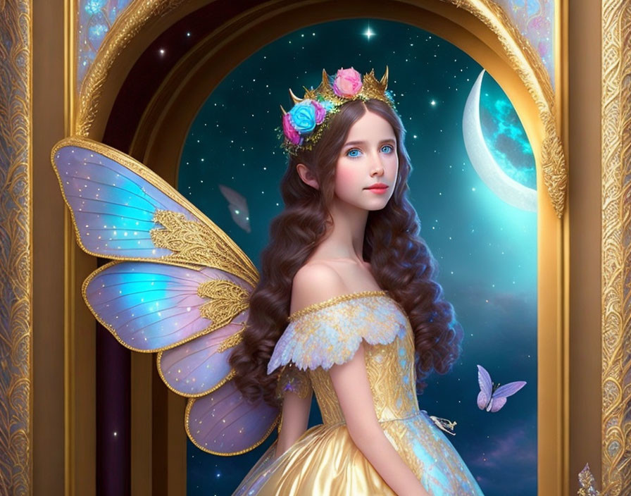 Fairy princess digital art with translucent wings and golden dress