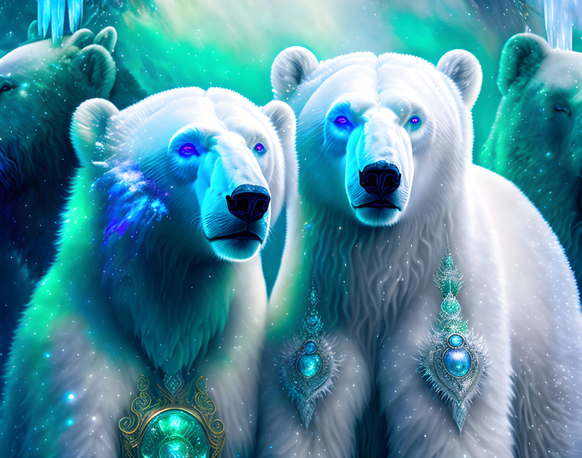 Ethereal polar bears with glowing blue eyes and teal jewelry in mystical icy setting