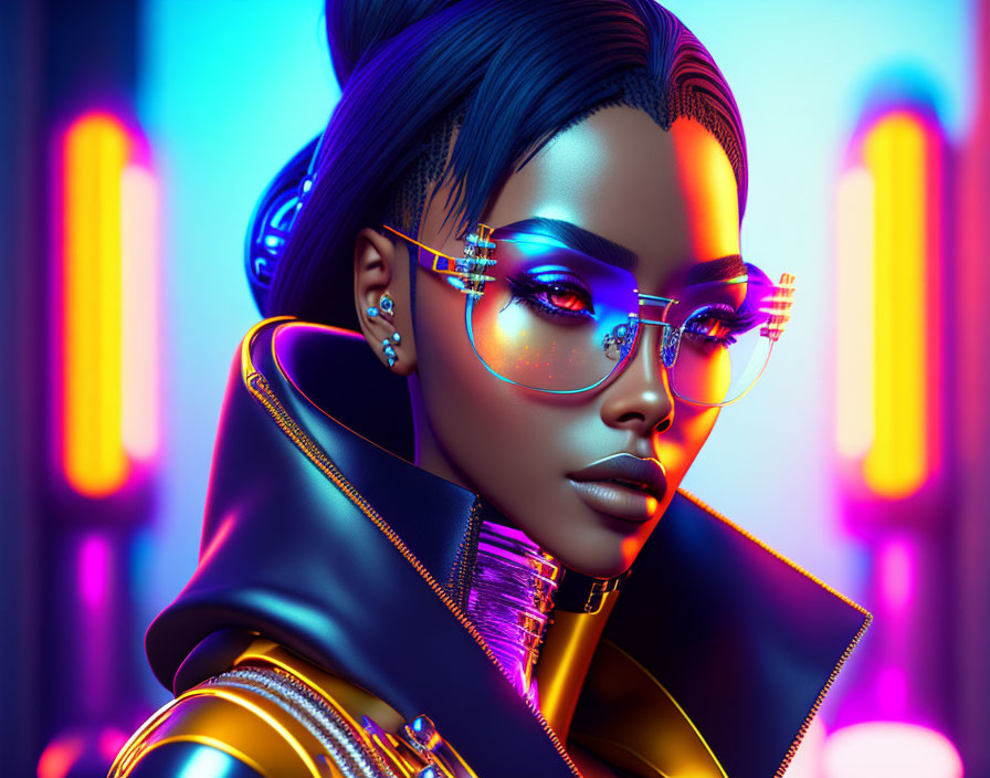 Futuristic digital artwork of woman with blue skin and stylish buns