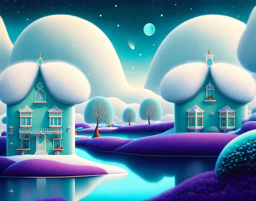 Snow-covered winter hills with teal houses under a crescent moon