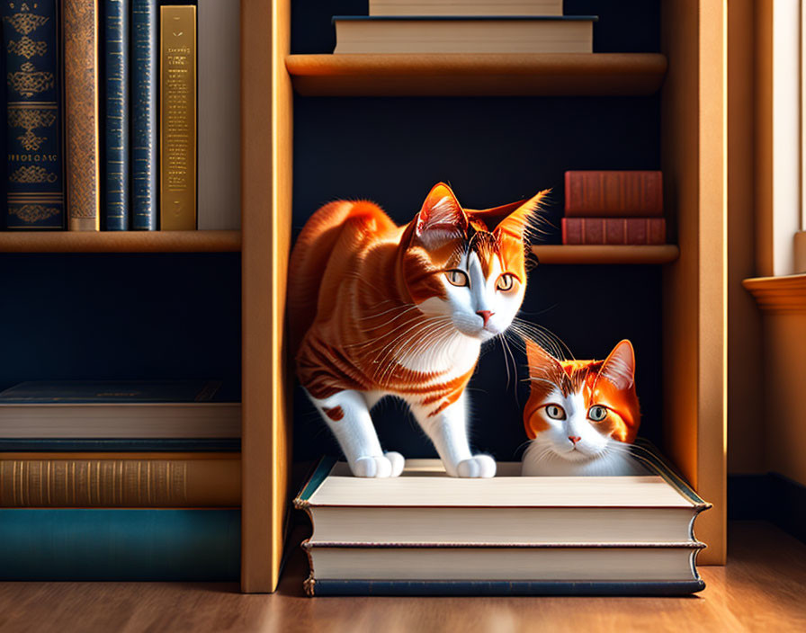 Two Orange and White Cats with Open Book on Shelf