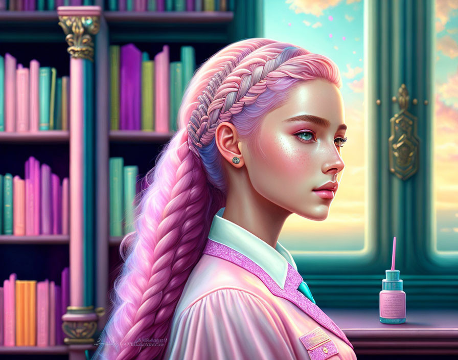 Digital artwork of woman with pink hair, pink dress, bookshelf, and nail polish