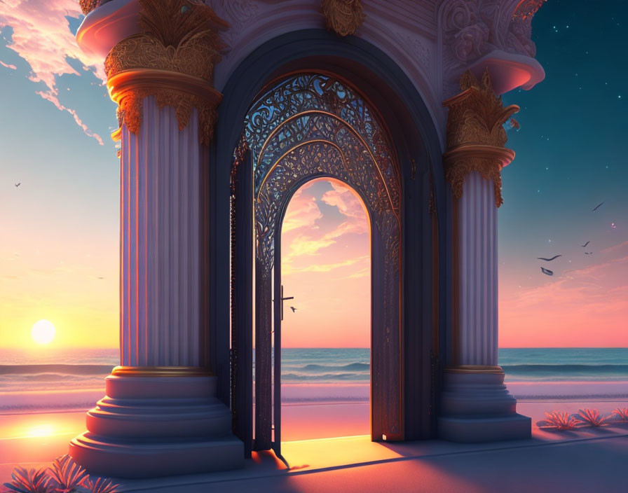 Intricate design doorway to beach at sunset