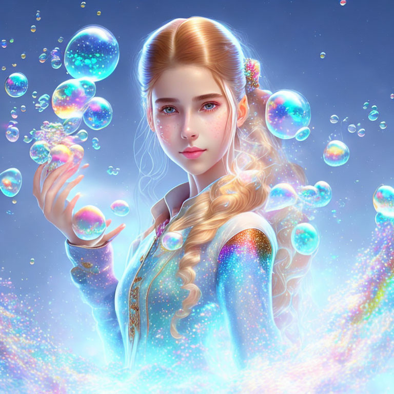 Blonde Woman in Fantasy Scene with Iridescent Bubbles