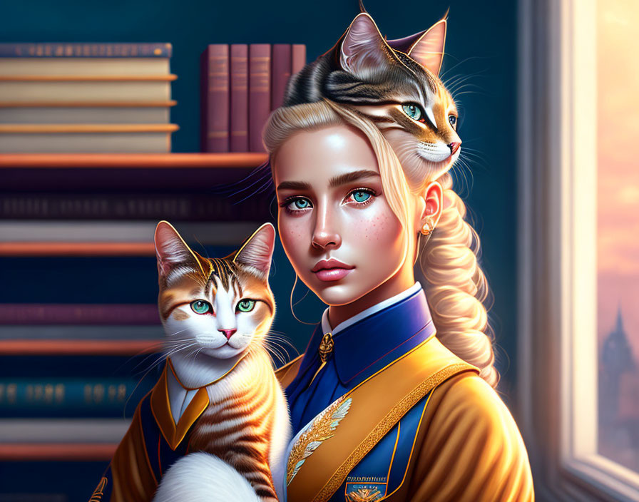 Young woman with blue eyes in navy-and-gold uniform poses with cats in book-filled setting