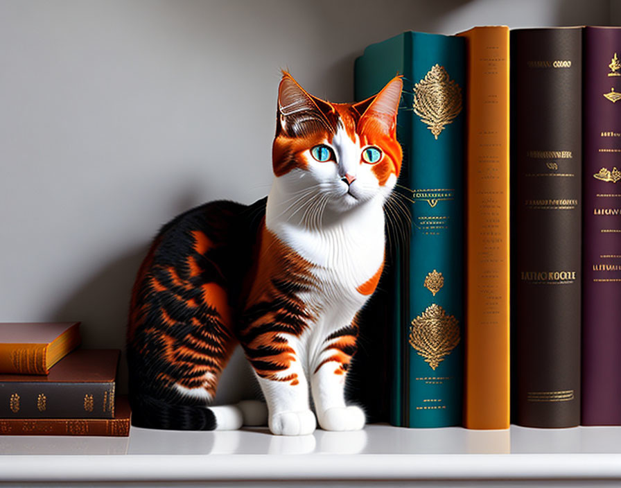 Calico Cat with Orange and Black Patterns Next to Hardcover Books