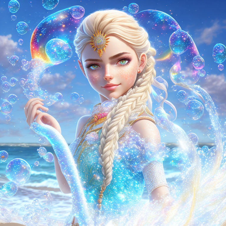 Ethereal woman with braided hair and jewels by beach bubbles