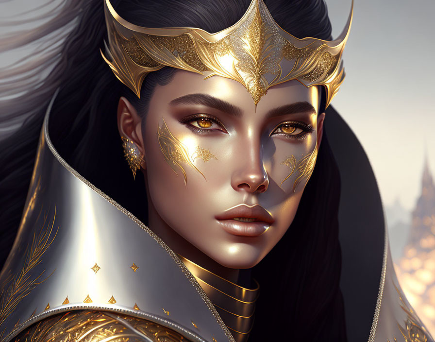 Golden-eyed woman in ornate gold headgear and armor, elegant designs, backlit ambiance