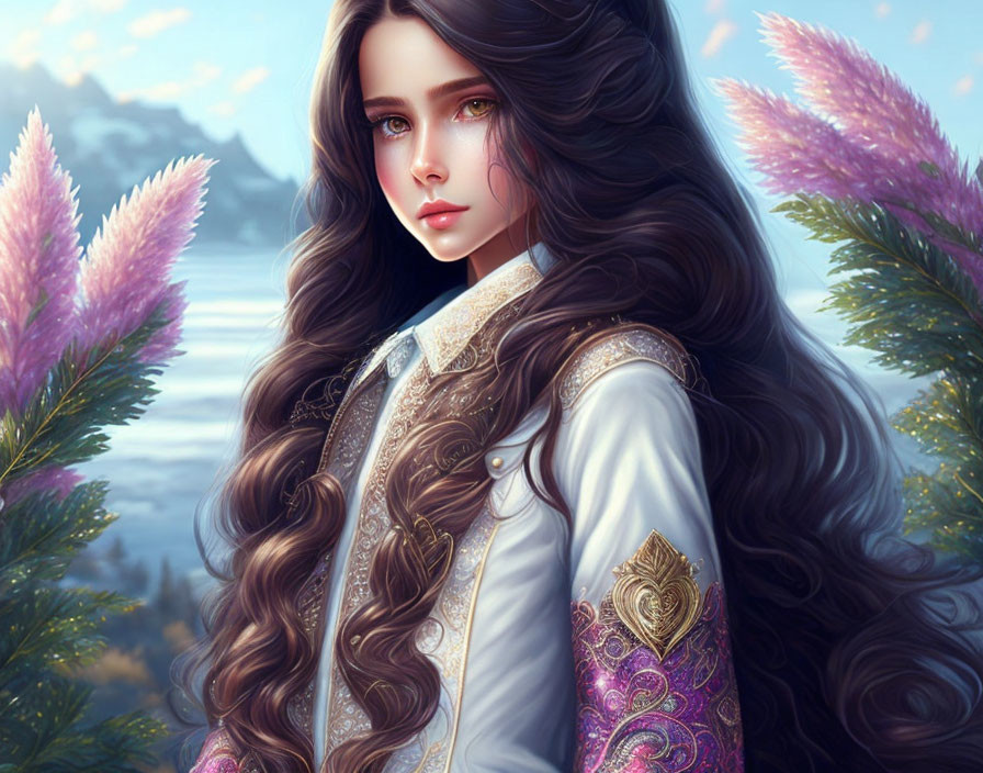 Digital portrait: Woman with long wavy hair in embroidered outfit by serene lakeside.