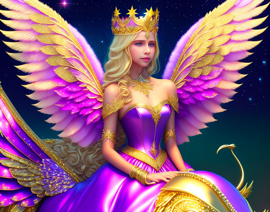 Golden-winged angel in purple dress and crown against night sky