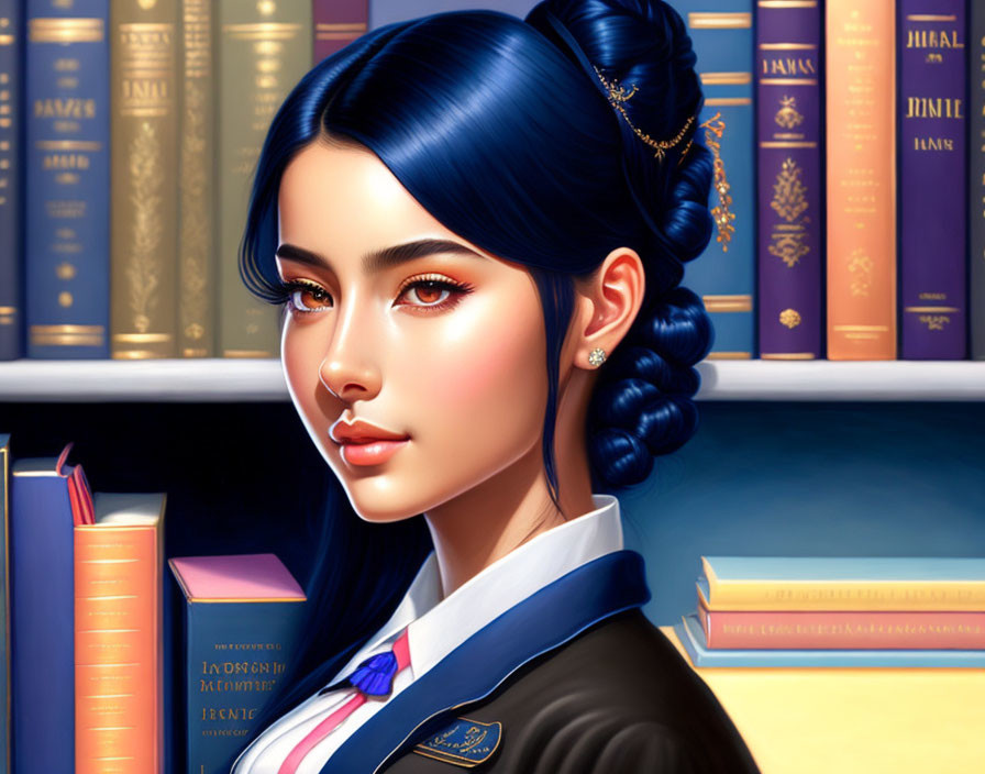 Illustration of woman with blue hair and blazer in library setting