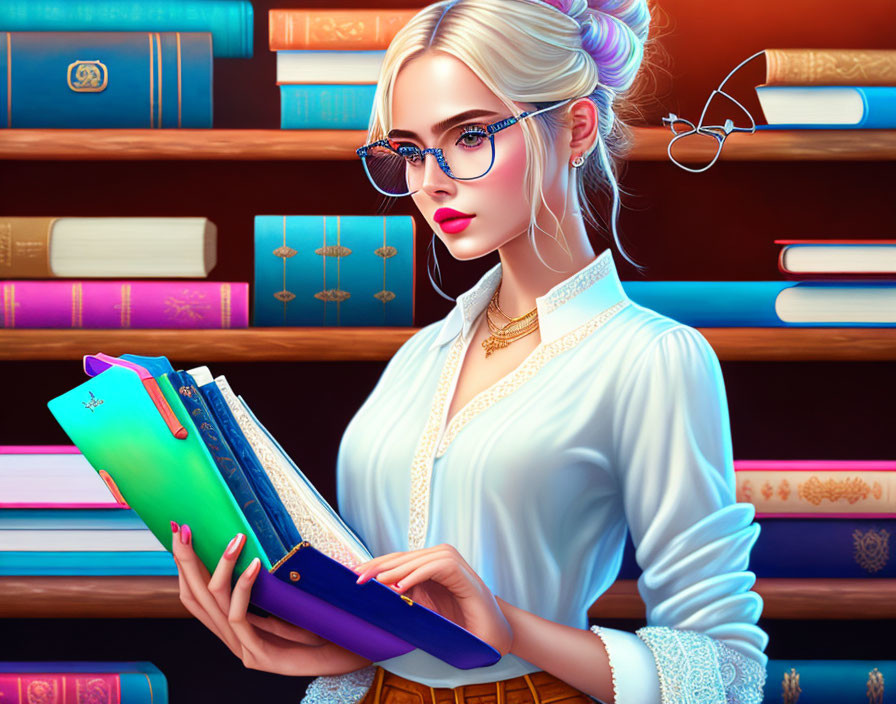 Illustration of woman with glasses reading, colorful bookshelves in background