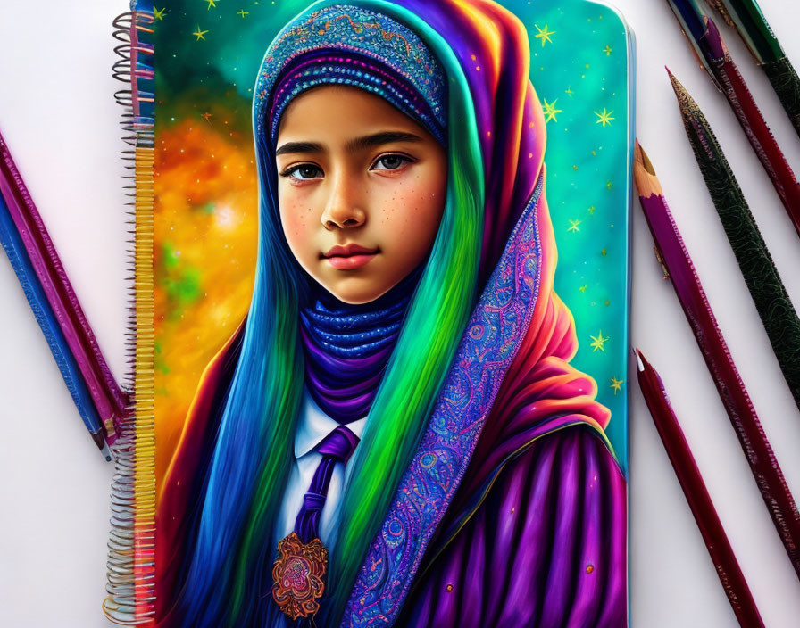 Colorful cosmic-themed hijab illustration with galaxies and stars.