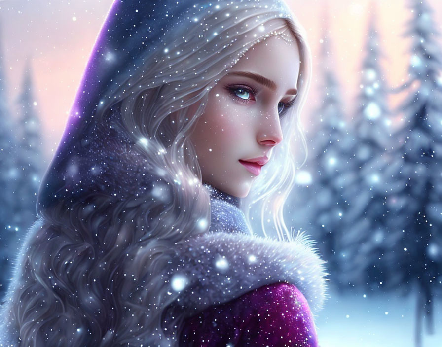 Digital artwork of woman in purple cloak in snowfall