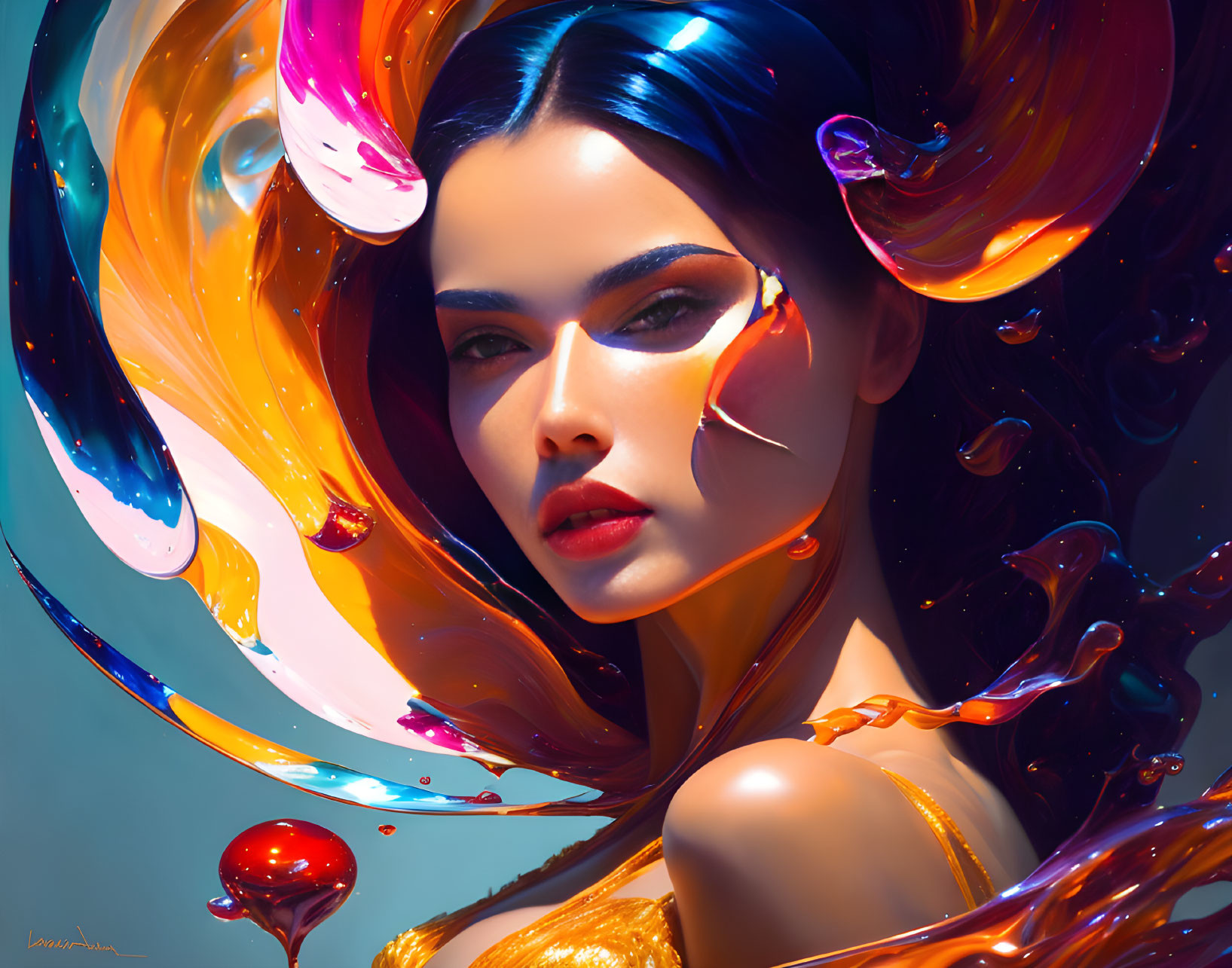 Colorful digital artwork: Woman surrounded by swirling liquid in glossy, futuristic style