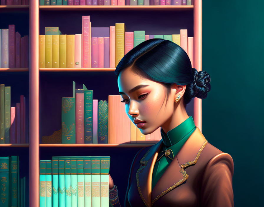 Woman with sleek hair in green outfit by vibrant bookshelf