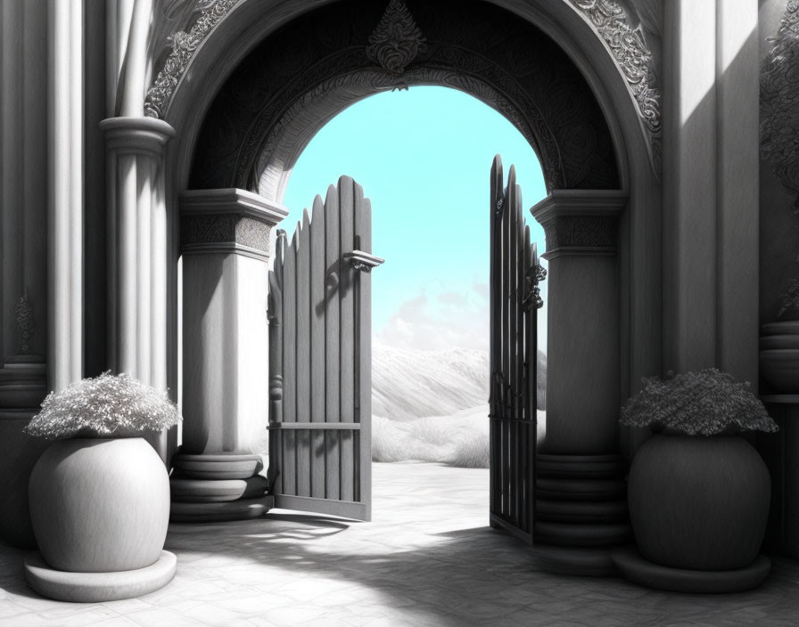 Monochrome image: Elegant arched doorway with ornate columns and serene landscape.