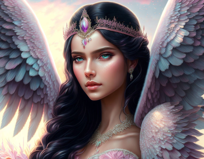 Fantastical female figure with pink feathered wings and elegant jewelry on pastel background