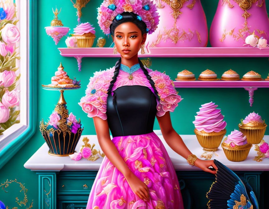 Woman in pink floral dress with headpiece in front of elegant desserts and teal walls