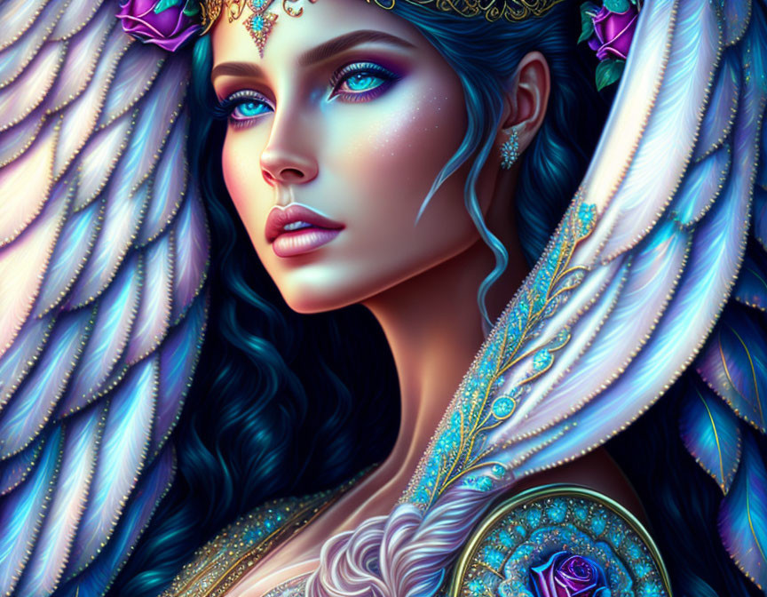 Fantasy Woman Illustration with Blue Eyes, Gold Headpiece, Purple Roses, and Blue Wings