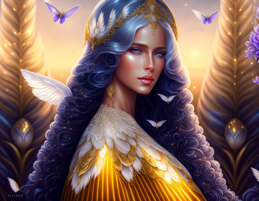 Fantasy artwork of a woman with blue hair and golden tiara, surrounded by butterflies and feathers