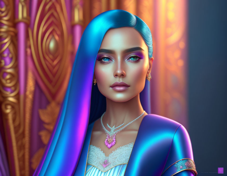 Vibrant digital art: woman with blue hair and elegant outfit on purple and gold backdrop