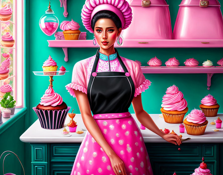 Woman in Pink-Themed Kitchen with Cupcakes