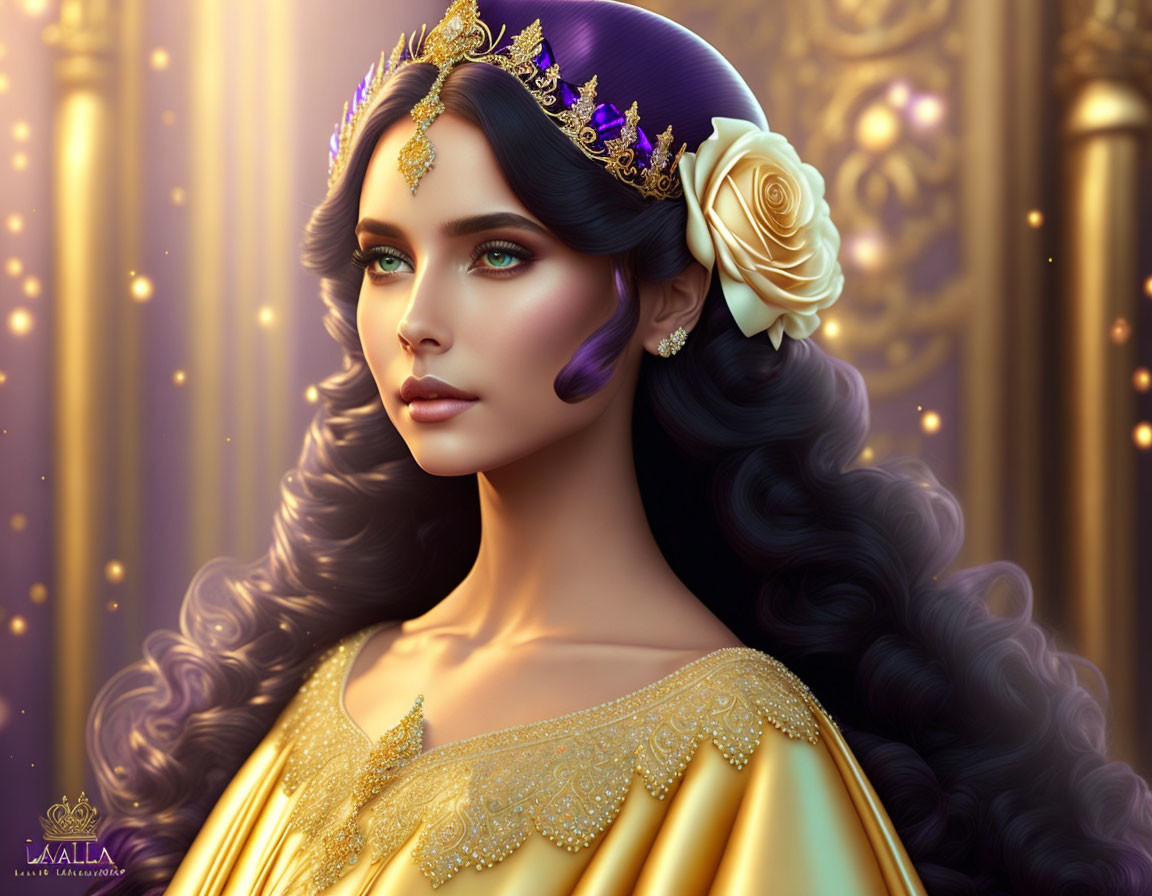 Regal woman with long wavy hair and golden tiara in luxurious setting