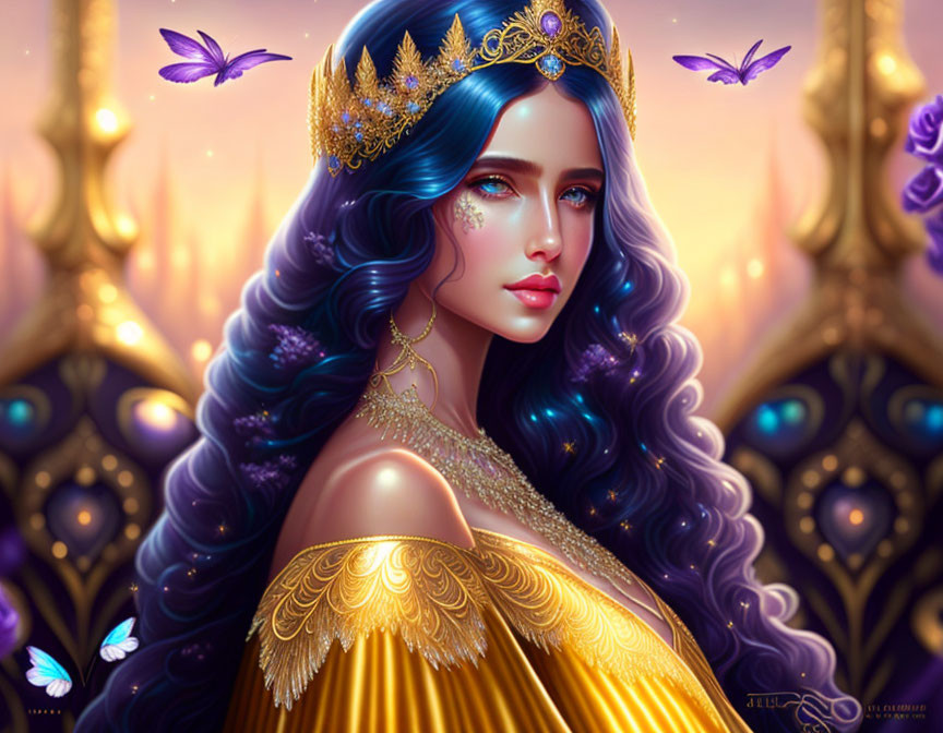 Fantasy queen with blue hair, golden crown, robe, butterflies, royal setting