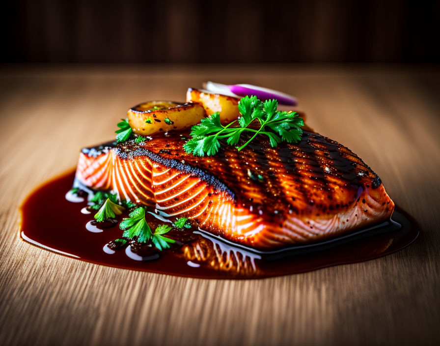 Grilled Salmon Fillet with Char Marks and Lemon Herb Garnish