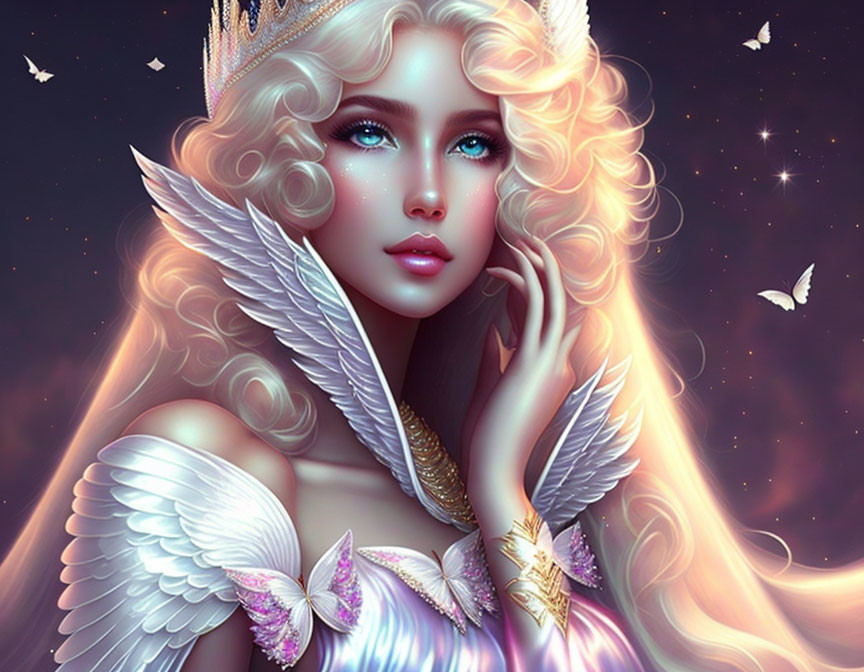 Ethereal woman with angelic features, golden crown, wings, butterflies, starry sky