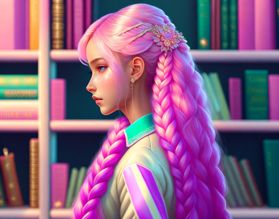 Digital illustration of woman with long pink braid in green blouse against colorful bookshelves