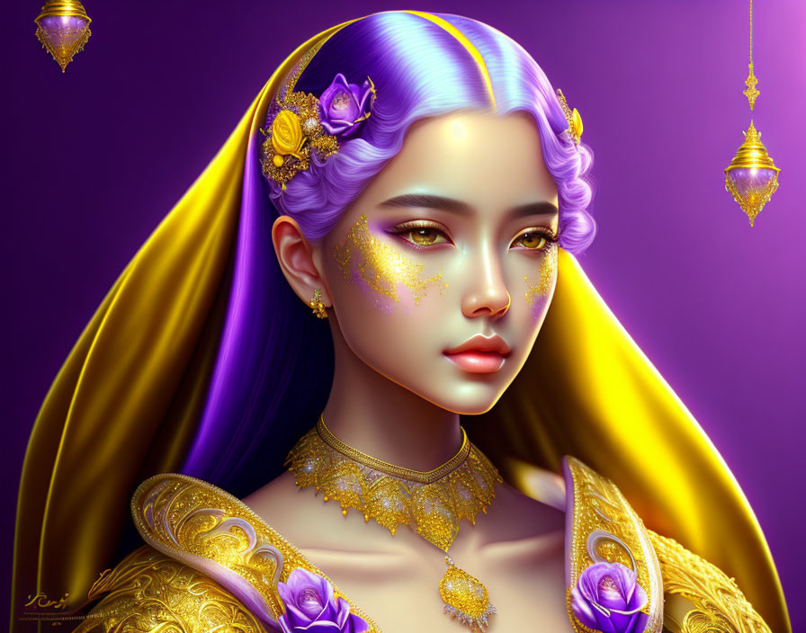 Digital Artwork: Woman with Purple Hair and Golden Attire on Floral Purple Background