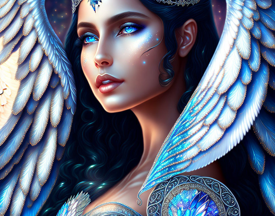 Digital artwork featuring a woman with detailed angel wings and vibrant blue feathers