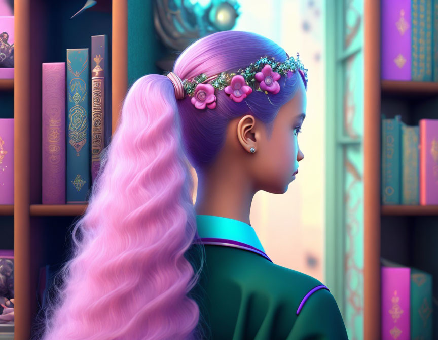 Digital art: Young girl with pastel purple hair and floral headband gazing at ornate books