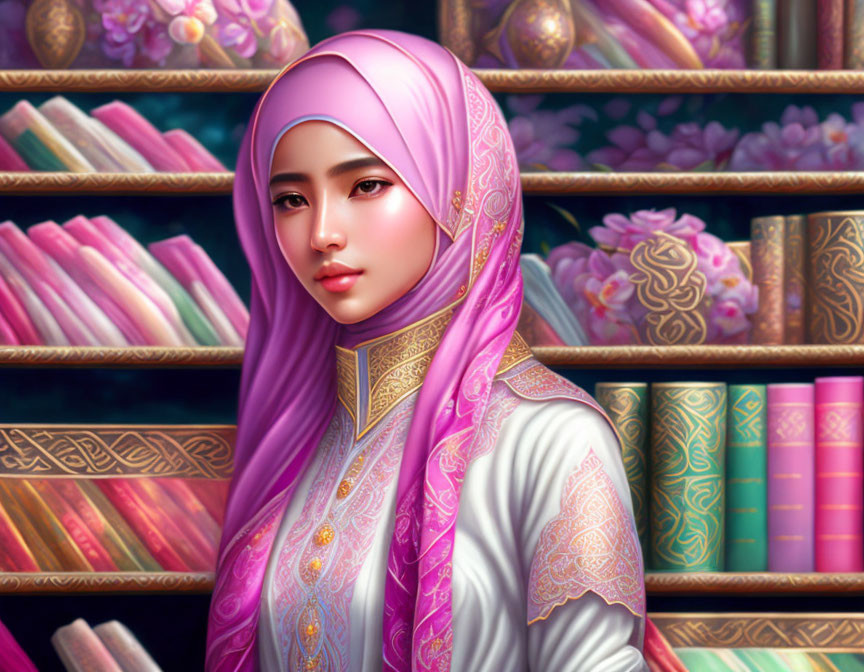 Woman in Pink Hijab with Gold Detailing Among Ornate Books